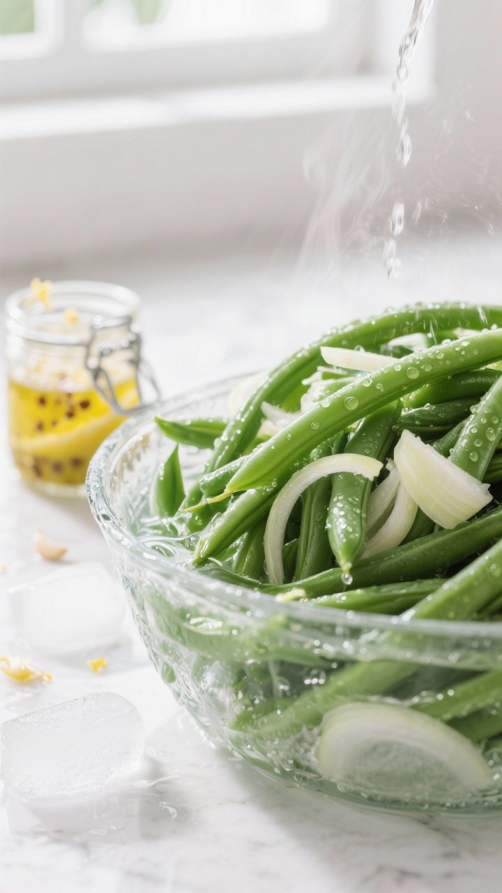 Cooking process: Blanched green beans being shocked in an ice bath and then drained/patted dry, clos