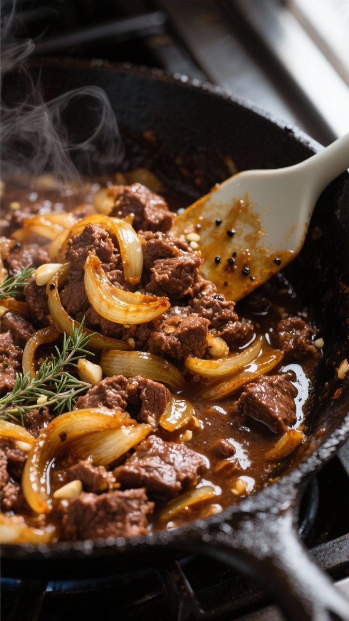 Cooking process close-up: A cast-iron skillet scene of French onion beef filling mid-simmer, showing