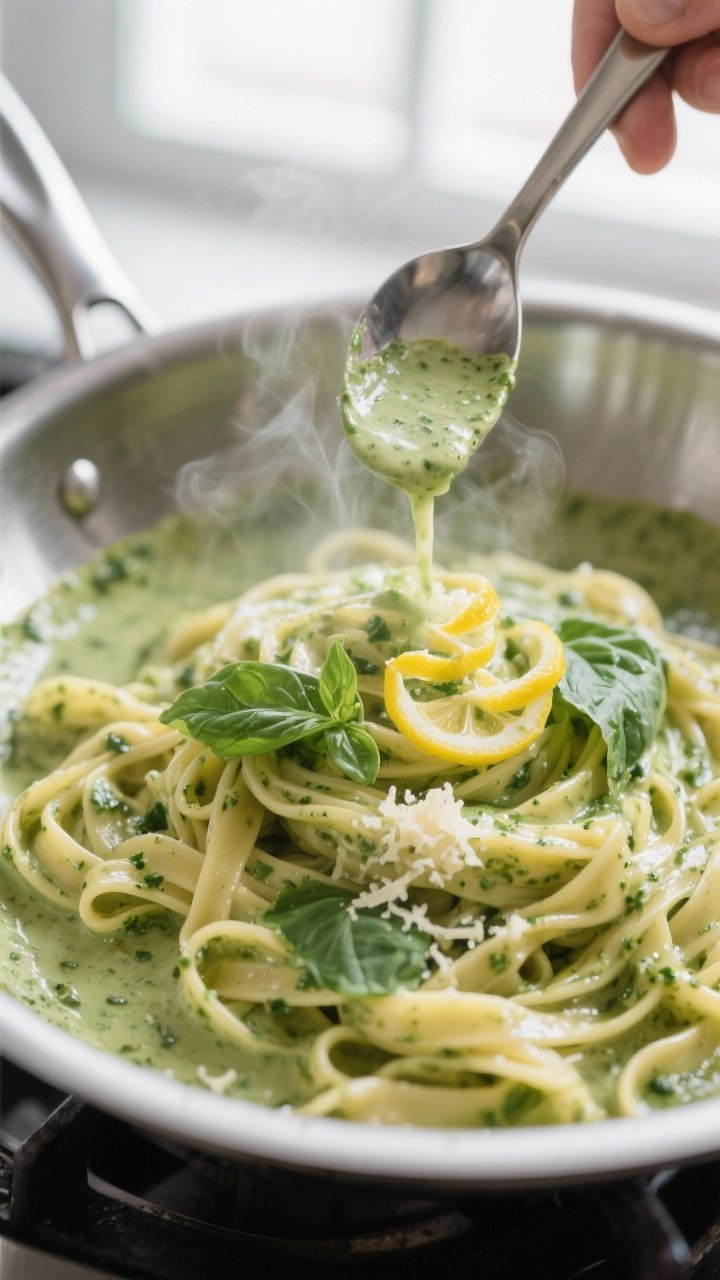 Cooking process close-up: A large stainless-steel skillet on the stove with silky basil pesto cream 