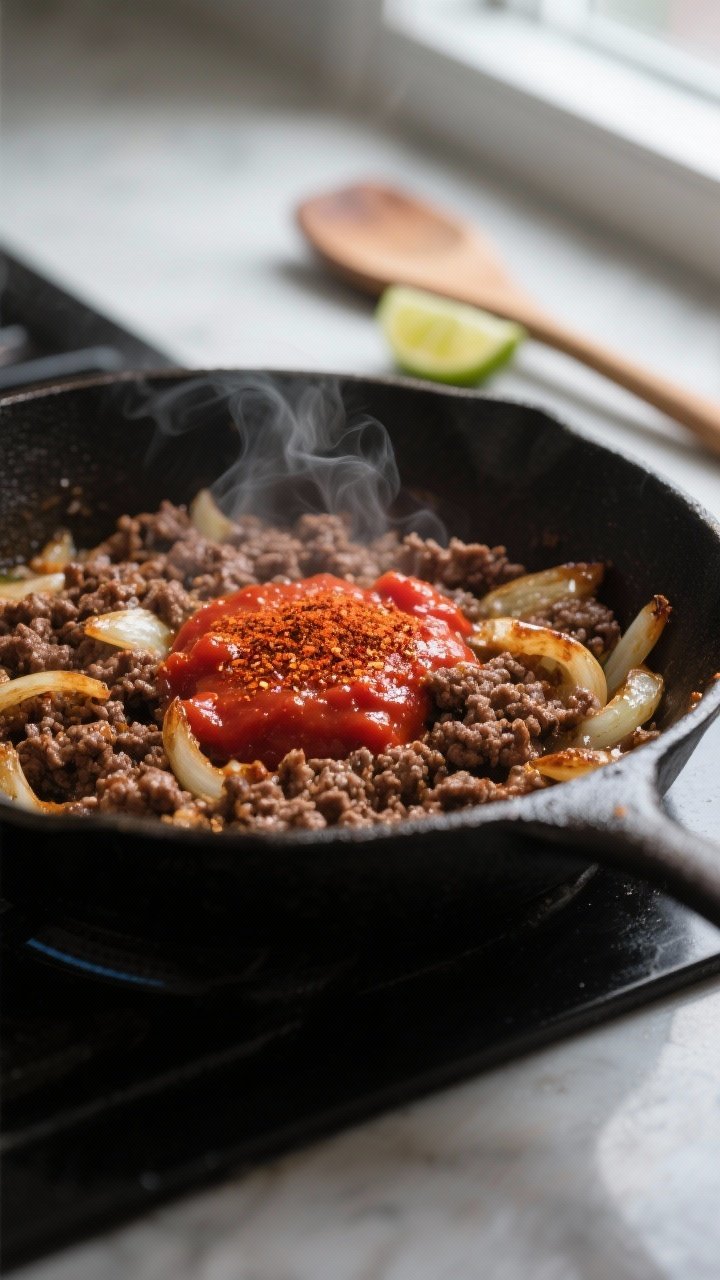 Cooking process close-up: A sizzling skillet of browned beef mince with crispy caramelized edges, on