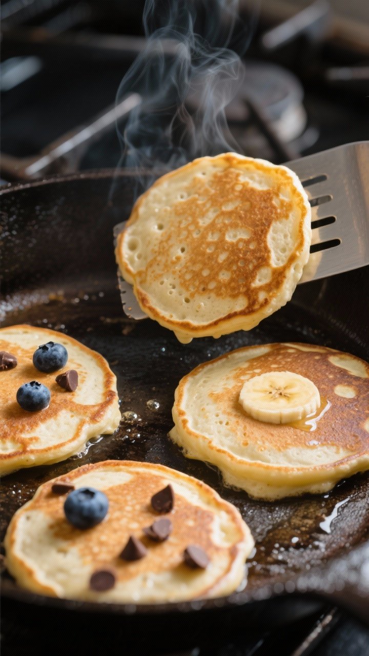 Cooking process close-up: A trio of banana pancakes cooking on a well-seasoned cast-iron skillet, mi