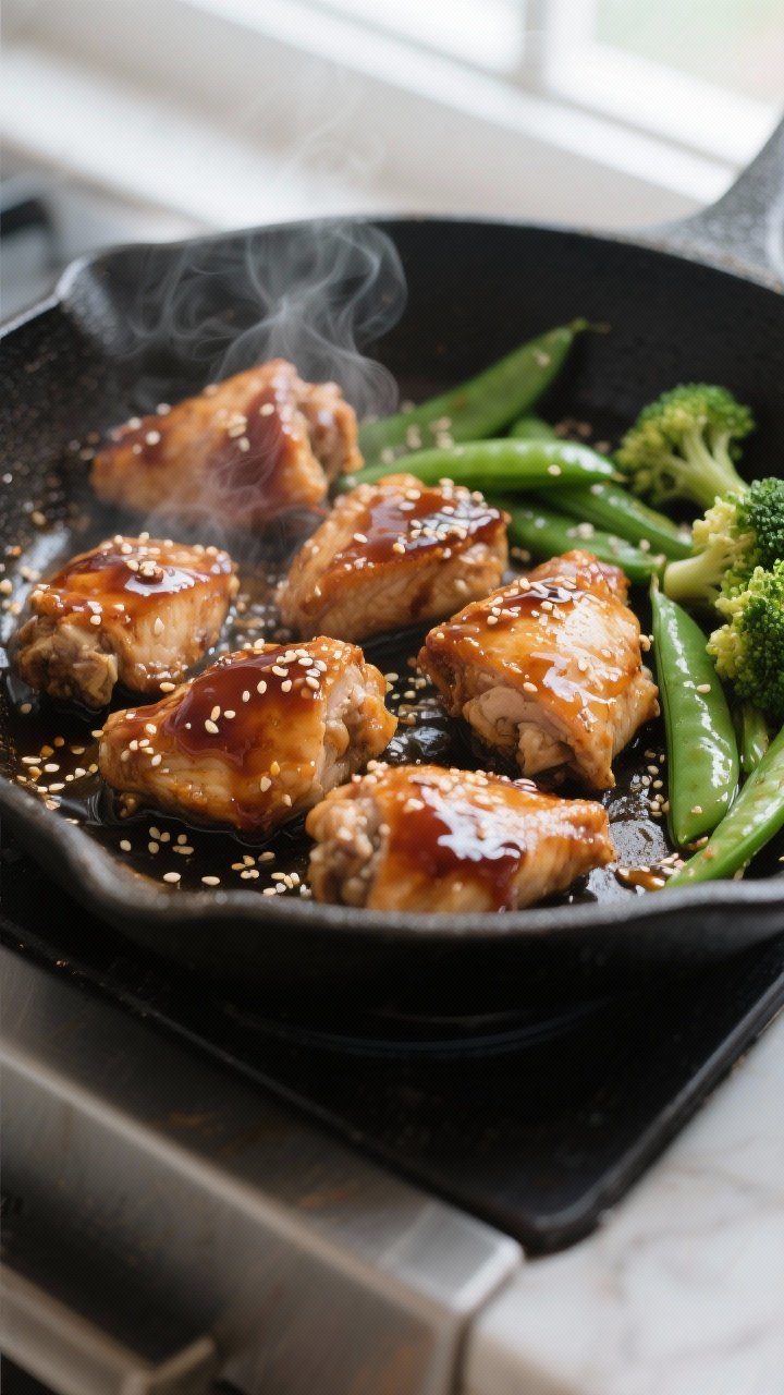 Cooking process close-up: Bite-size chicken thighs sizzling in a hot skillet, mid-toss as glossy ter