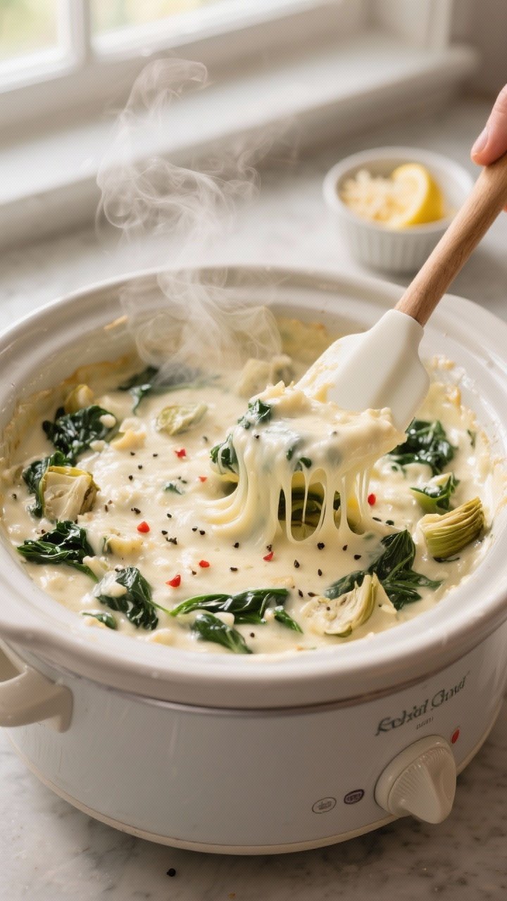Cooking process close-up: Crockpot spinach artichoke dip mid-cook, lid off, a glossy, hot, uniformly