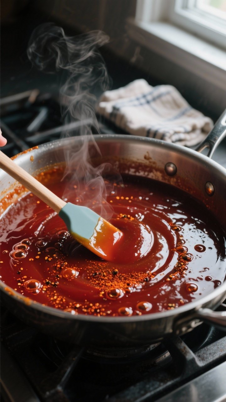 Cooking process, close-up detail: A saucepan of simmering Sweet & Spicy BBQ Sauce in the thickening 