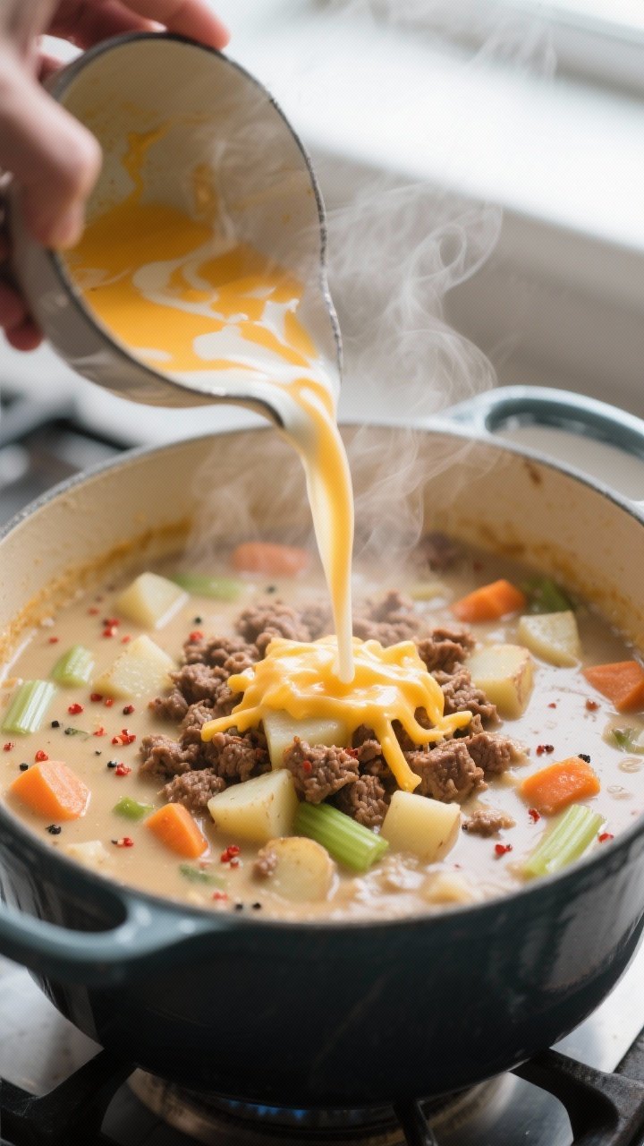 Cooking process, close-up detail: A steaming Dutch oven of cheeseburger soup mid-simmer, showing bro