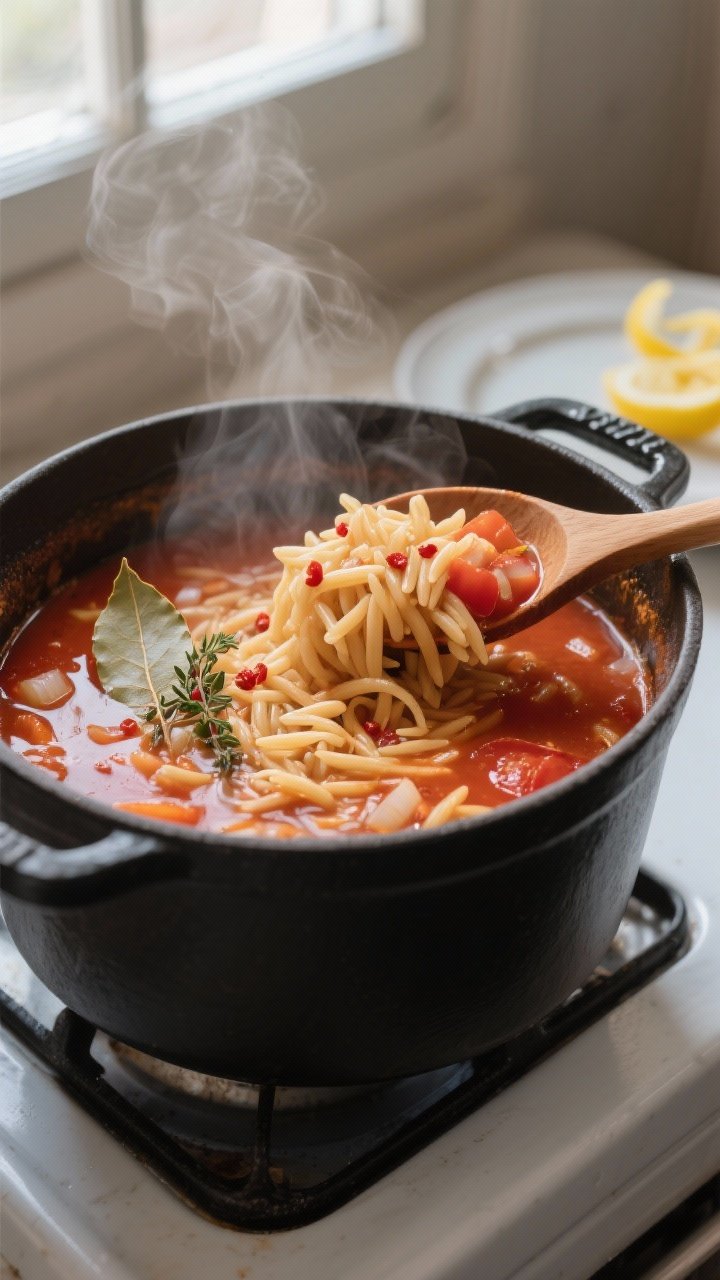 Cooking process, close-up detail: A steaming pot of Tomato Orzo Soup mid-simmer, shot at a 45-degree