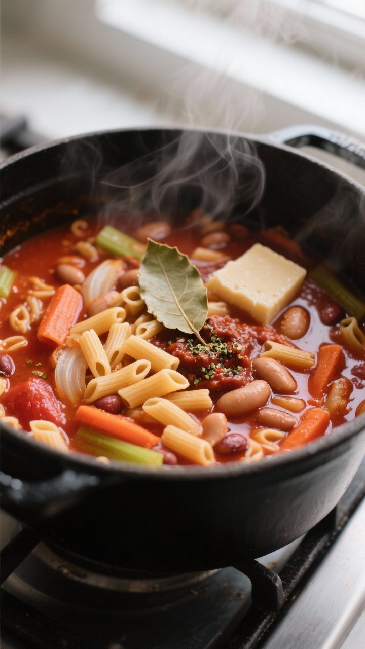 Cooking process, close-up detail: A steaming pot of Hearty Italian Pasta Soup mid-simmer, overhead y