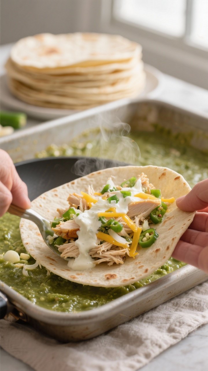 Cooking process, close-up detail: Close-up of a warm flour tortilla being filled with creamy green c