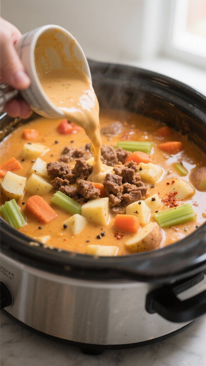 Cooking process, close-up detail: Close-up of creamy cheeseburger soup mid-cook in a crockpot, showi