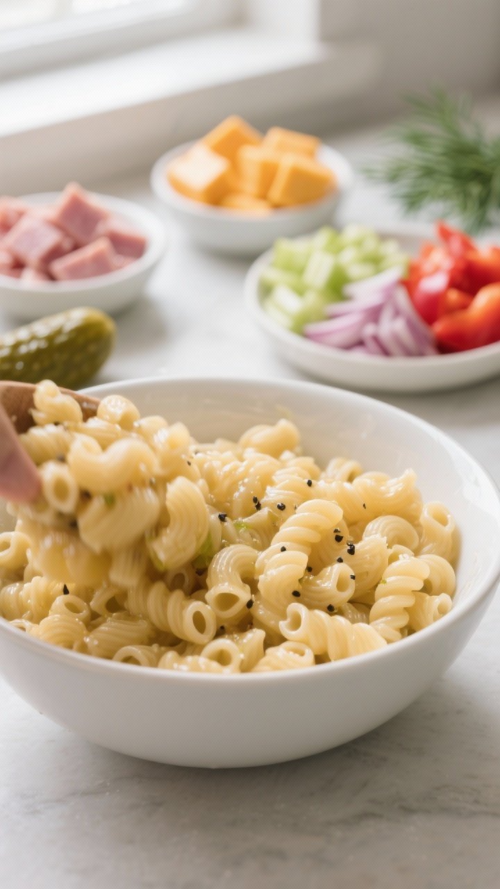 Cooking process, close-up detail: Close-up of freshly cooked elbow macaroni being tossed in a large 