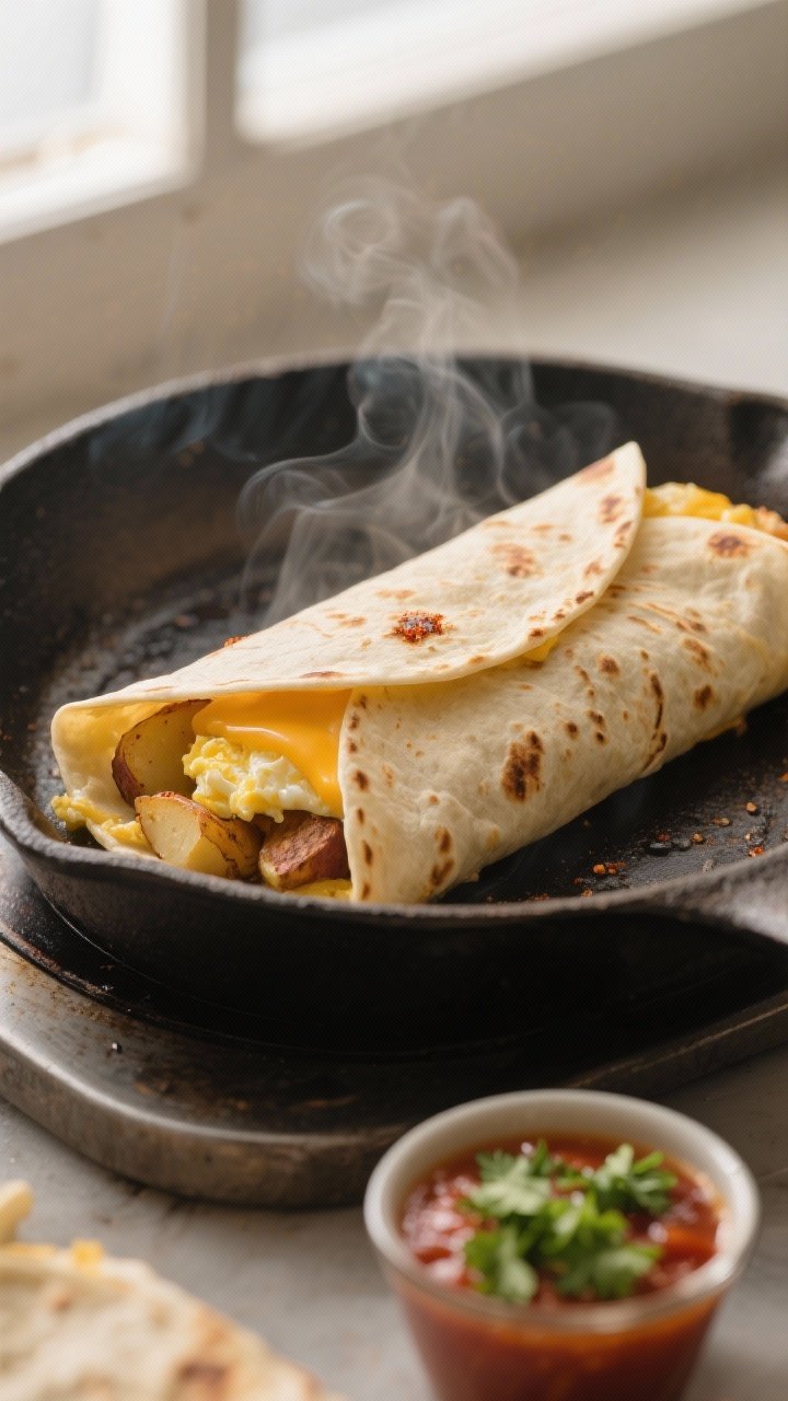 Cooking process, close-up detail: Seam-side-down breakfast burritos being seared in a dry cast-iron 