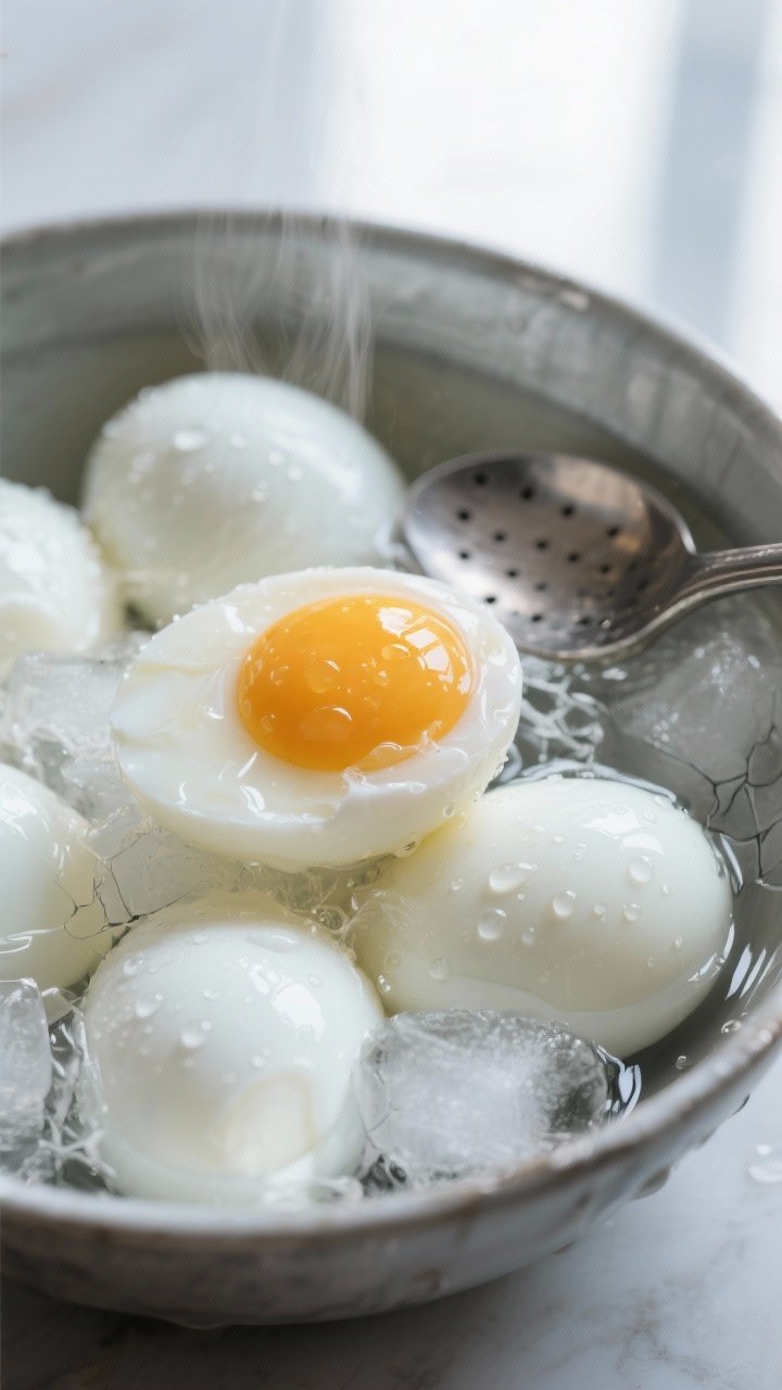 Cooking process, close-up detail: Soft-boiled ramen eggs being shocked in an ice bath right after a 