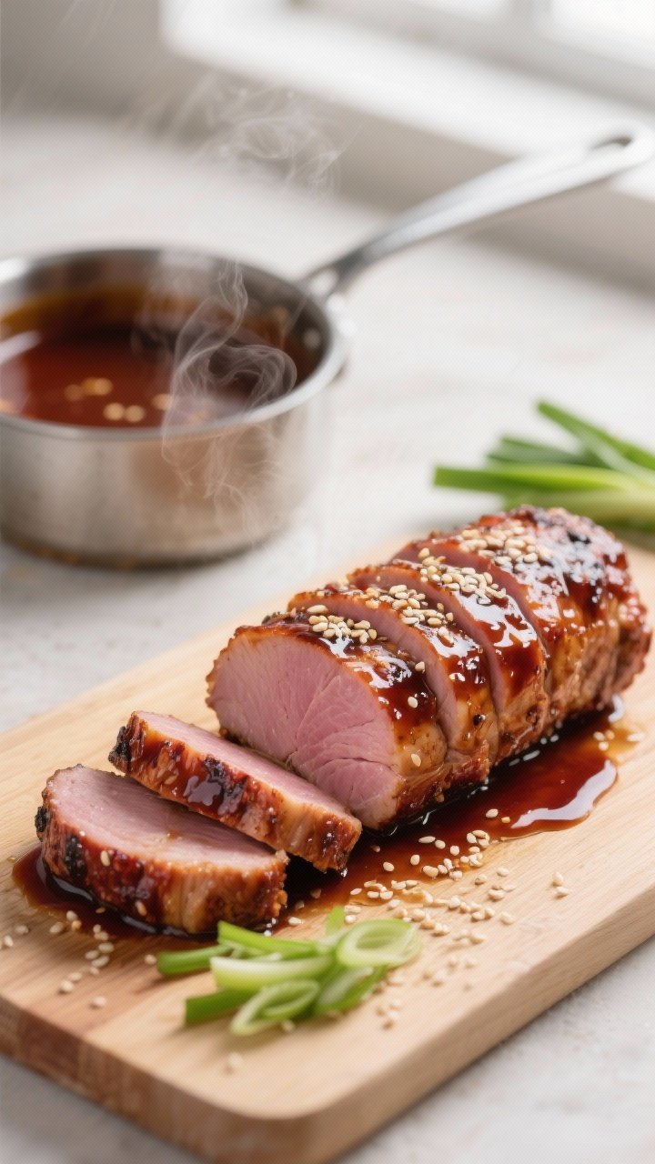 Cooking process, close-up detail: Teriyaki pork tenderloin just lifted from a slow cooker and restin
