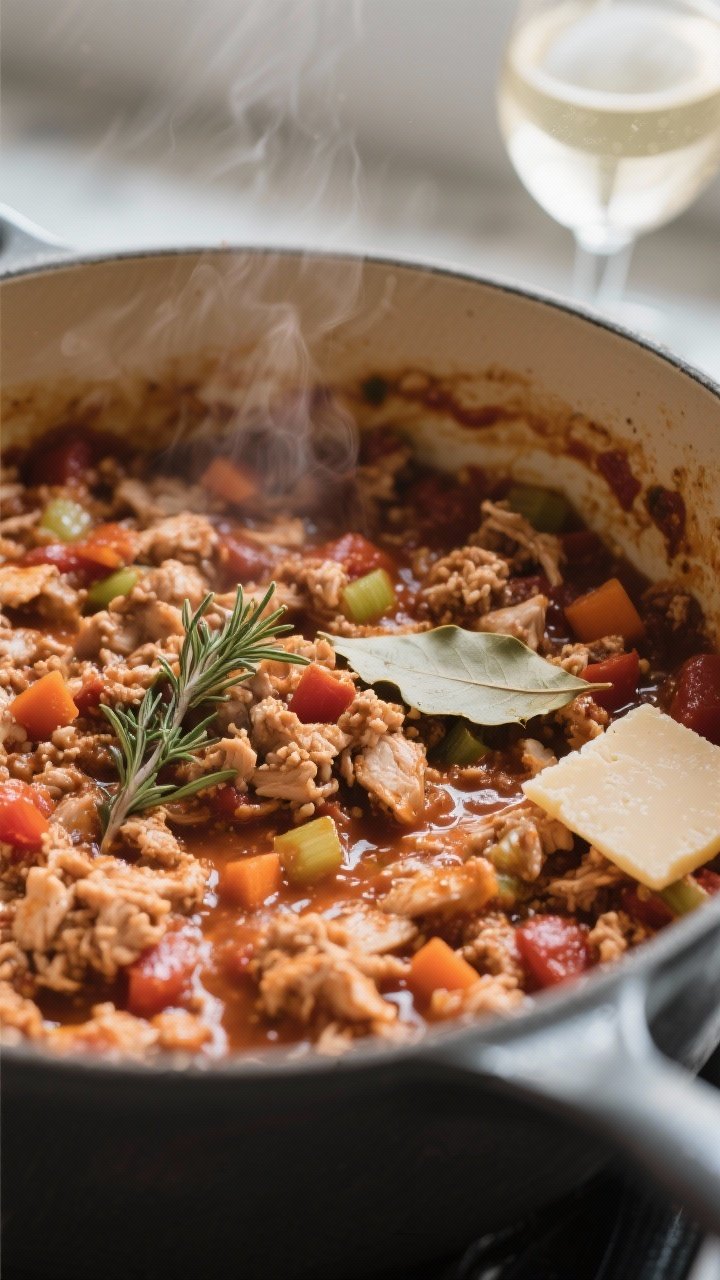 Cooking process close-up: Ground chicken bolognese mid-simmer in a wide, heavy pot, glossy, thickene