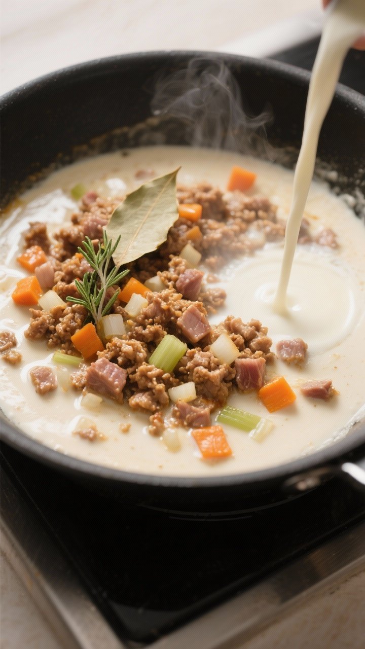 Cooking process close-up: In a wide, heavy skillet, white Bolognese mid-simmer after deglazing and r