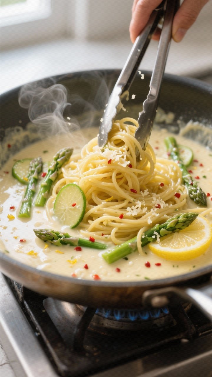Cooking process close-up: In a wide stainless skillet, creamy lemon sauce gently simmering with visi