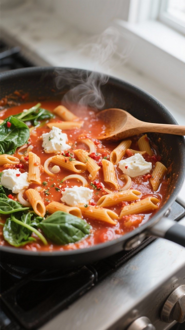 Cooking process close-up: One-pot penne simmering in a wide, deep skillet, overhead 3/4 top view. Pe
