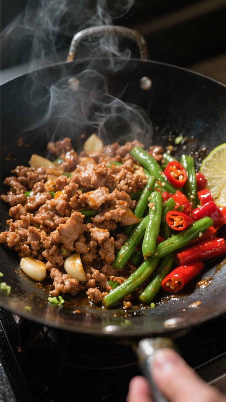 Cooking process close-up: Pork mince stir fry sizzling in a carbon steel wok over high heat, browned