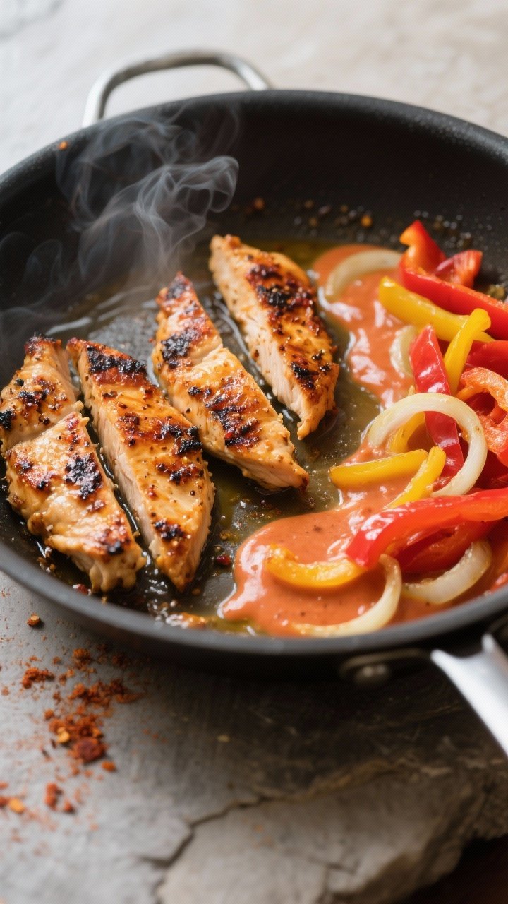 Cooking process close-up: Searing Cajun-spiced chicken strips in a large skillet, golden-brown crust