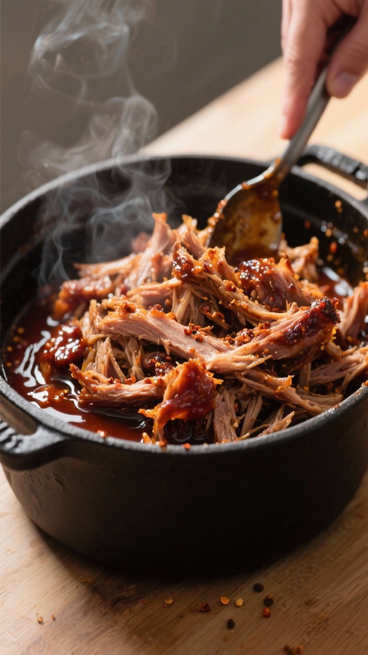 Cooking process close-up: Shredded pulled pork just after slow cooking, glistening and tender strand