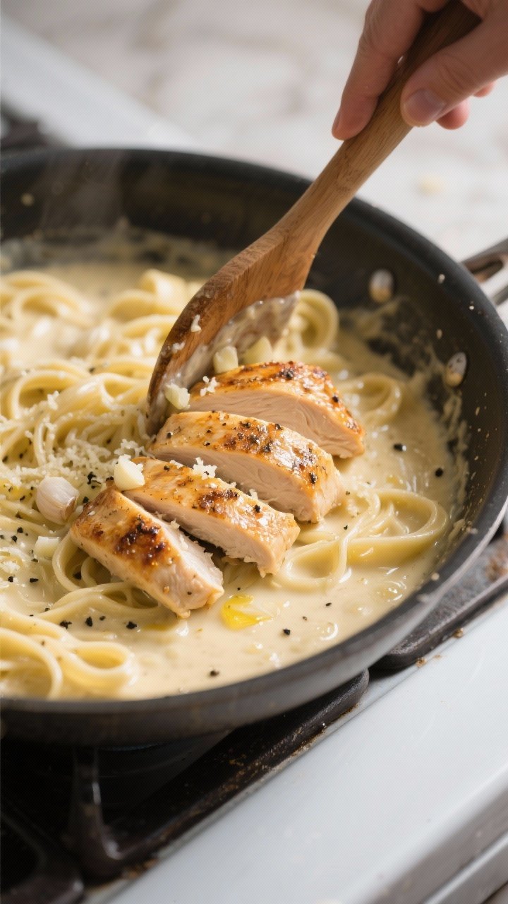 Cooking process close-up: Sliced seared chicken breasts being added back to a silky Alfredo sauce in