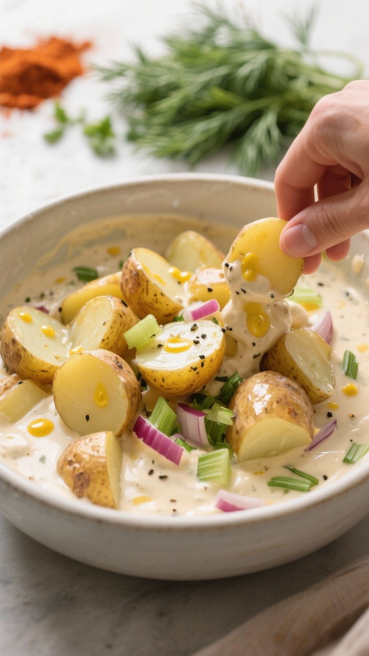 Cooking process close-up: Warm, steam-dried potato chunks (3/4-inch, Yukon Golds with skins on) bein