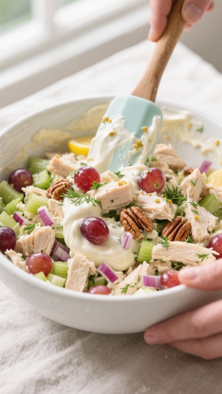 Cooking process — combining the salad: Close-up of creamy chicken salad being mixed in a large whi