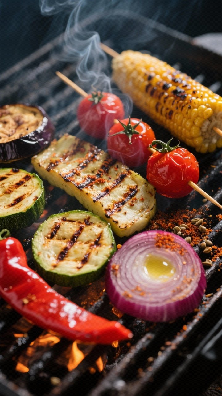 Cooking process, grill action: Medium-close shot of mixed vegetables sizzling on a hot grill: char-m