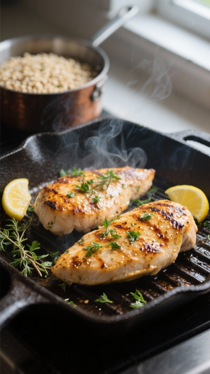 Cooking process, grill sear moment: Medium-close shot of lemon-herb marinated chicken breasts sizzli