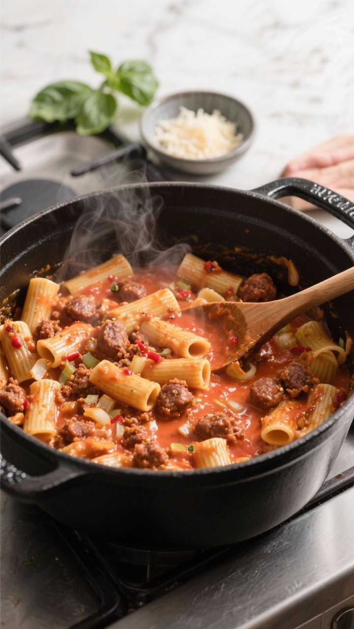 Cooking process — One-pot Italian sausage pasta simmering in a matte black Dutch oven: overhead sh