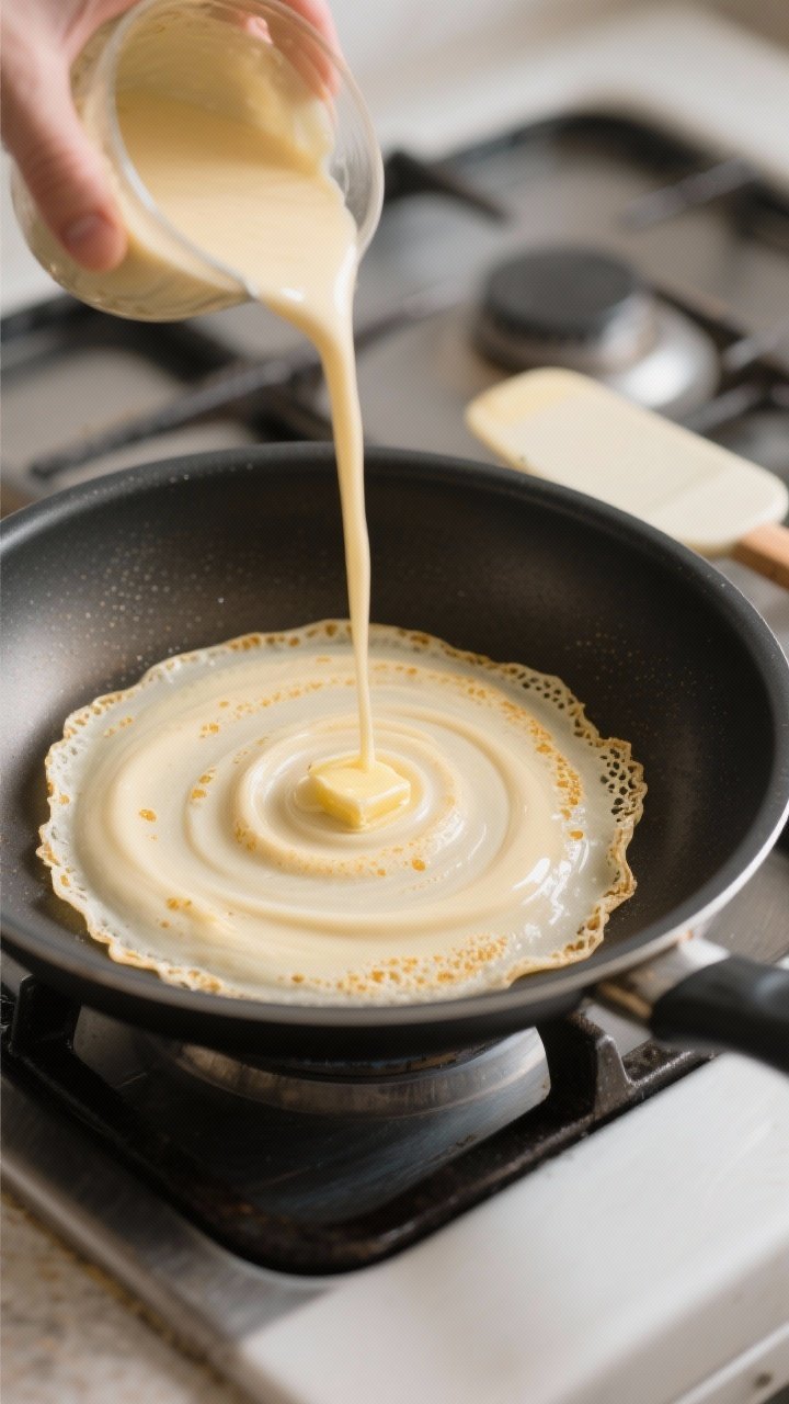 Cooking process — Pour and swirl: A thin stream of silky crepe batter hitting the center of a preh