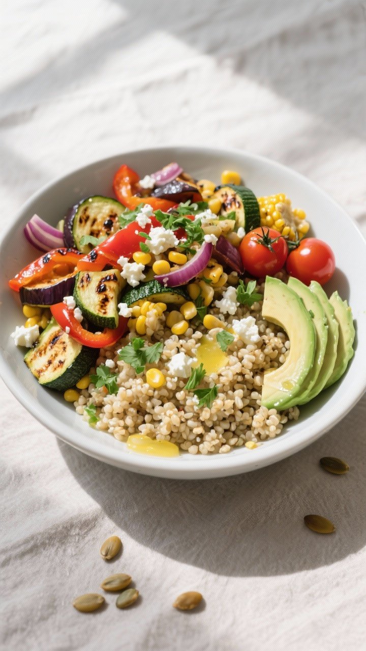 Final dish, overhead bowl: Tasty top-down shot of a Grilled Veggie Quinoa Bowl in a wide, matte whit