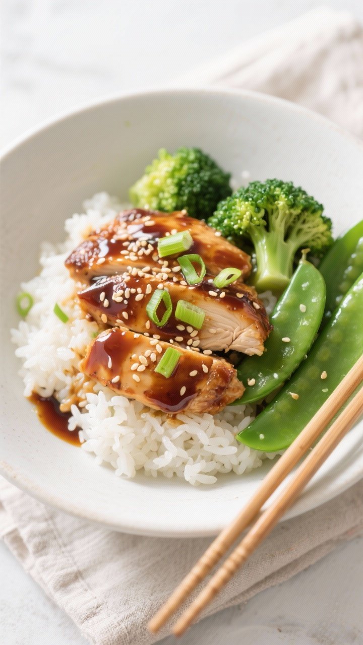 Final dish overhead: Classic teriyaki chicken rice bowl plated in a matte white ceramic bowl—fluff