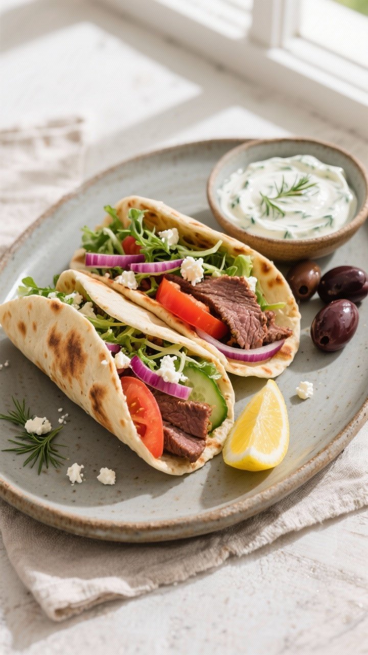 Final dish overhead: Fully assembled beef gyros on a rustic platter—warm Greek-style pitas folded 