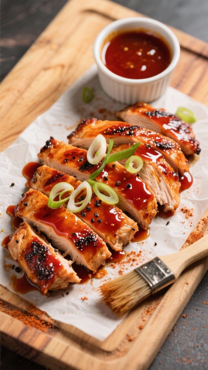 Final dish overhead: Overhead shot of grilled chicken thighs brushed in the honey garlic BBQ sauce, 