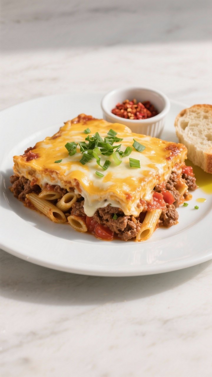 Final dish, overhead plated: Overhead shot of a generous square of Cheesy Ground Beef Dinner Cassero
