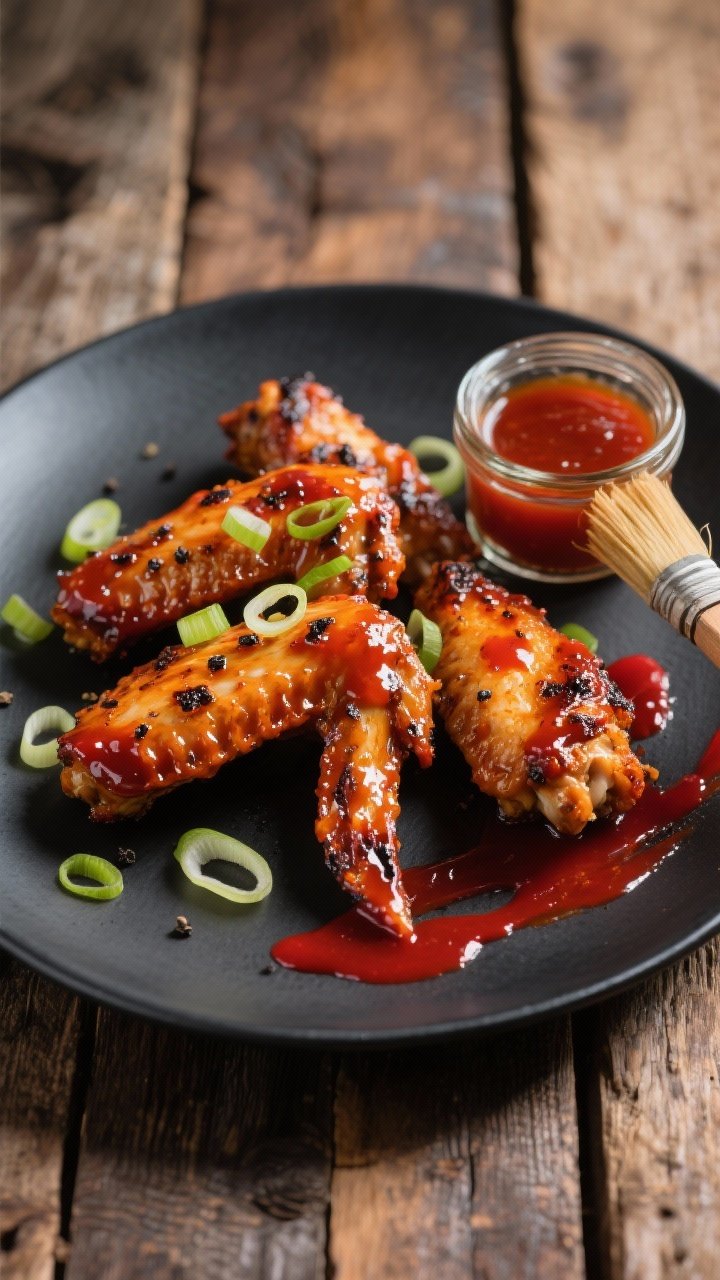 Final dish, overhead presentation: Overhead shot of grilled chicken wings brushed in the Sweet & Spi