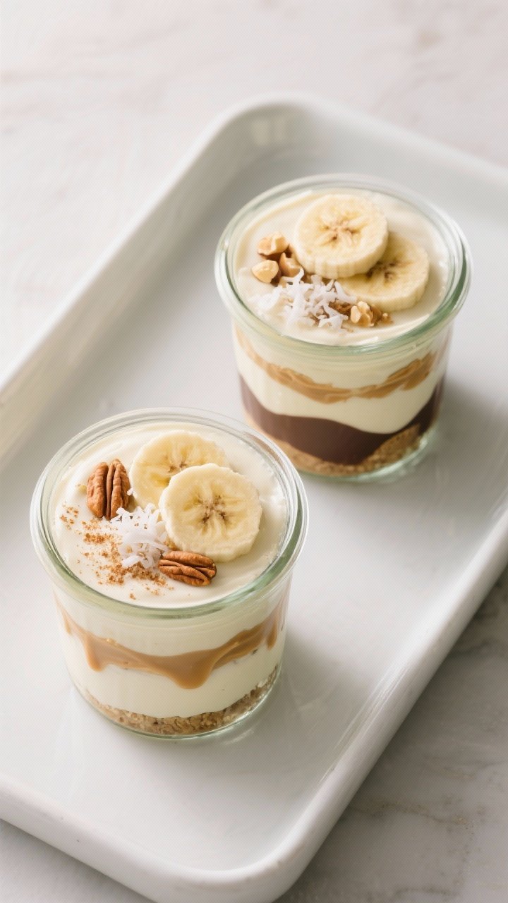 Final dish overhead shot: Finished Healthy Banana Pudding parfaits set in individual glass jars on a