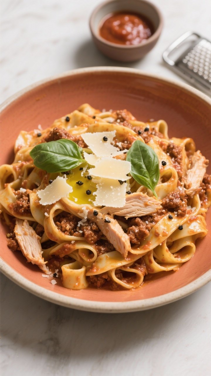 Final dish overhead: Tagliatelle tossed with chicken bolognese, sauce lacquered and clinging to the 