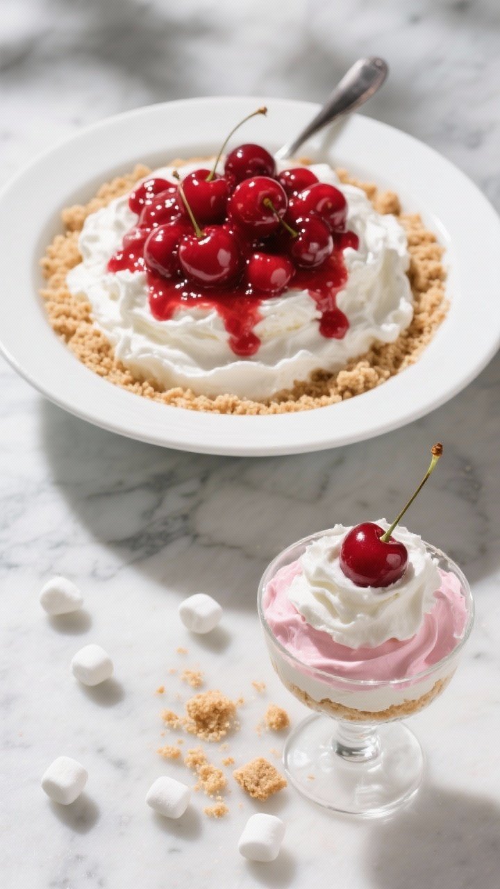 Final dish overhead/top view: Overhead shot of Cherry Cheesecake Fluff served family-style in a whit