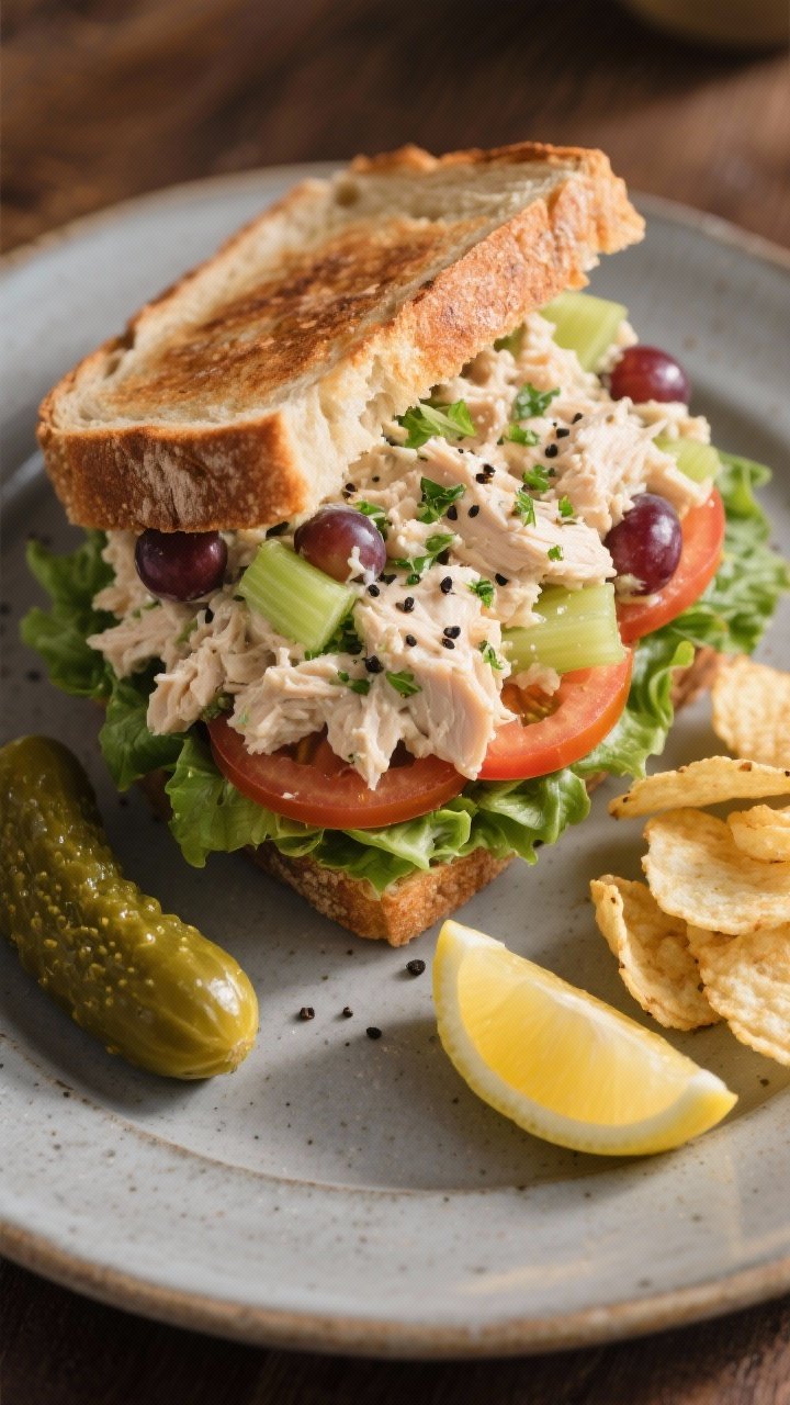 Final dish — sandwich presentation top view: Overhead shot of a Classic Chicken Salad Sandwich on 