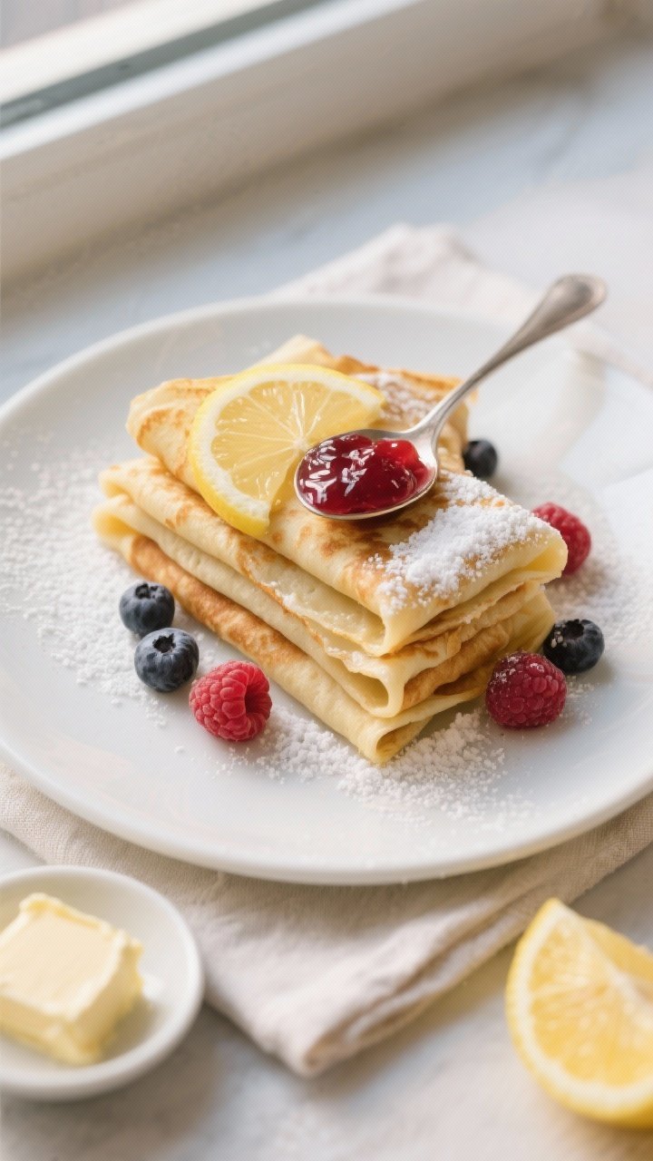 Final dish — Sweet brunch stack, top view: Overhead shot of a warm stack of classic French crepes 