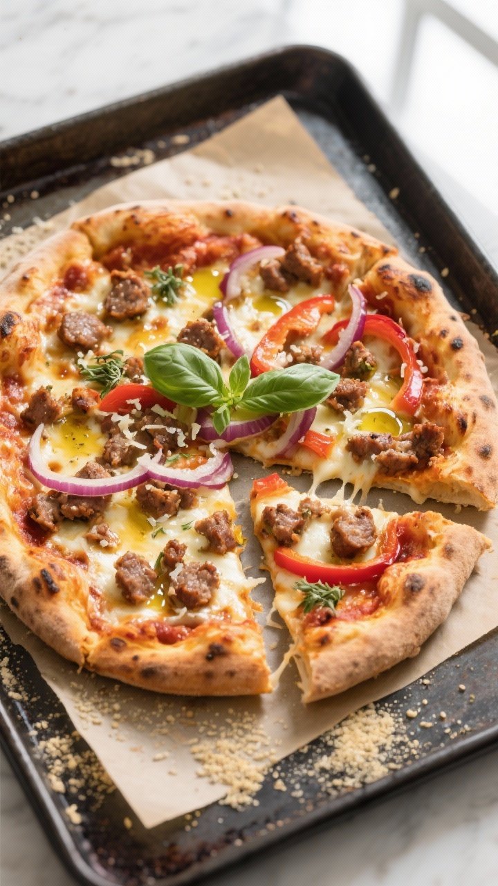 Final dish, tasty top view: Overhead shot of a baked Italian sausage pizza on a preheated pizza stee