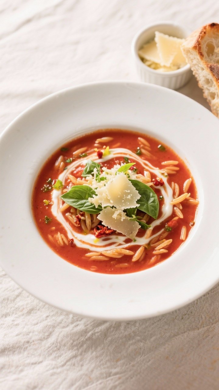 Final dish, tasty top view: Overhead shot of a beautifully plated Tomato Orzo Soup with Basil in a w