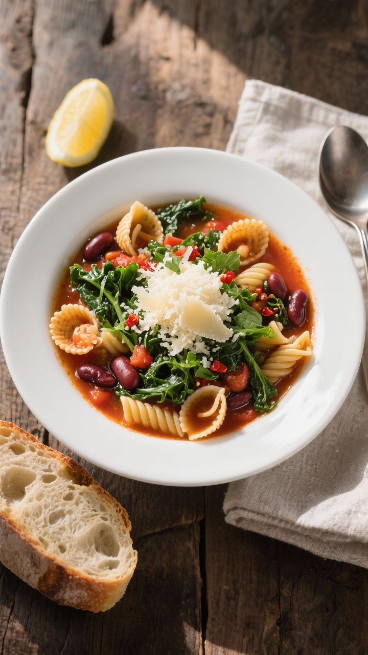 Final dish, tasty top view: Overhead shot of a beautifully plated bowl of Hearty Italian Pasta Soup 