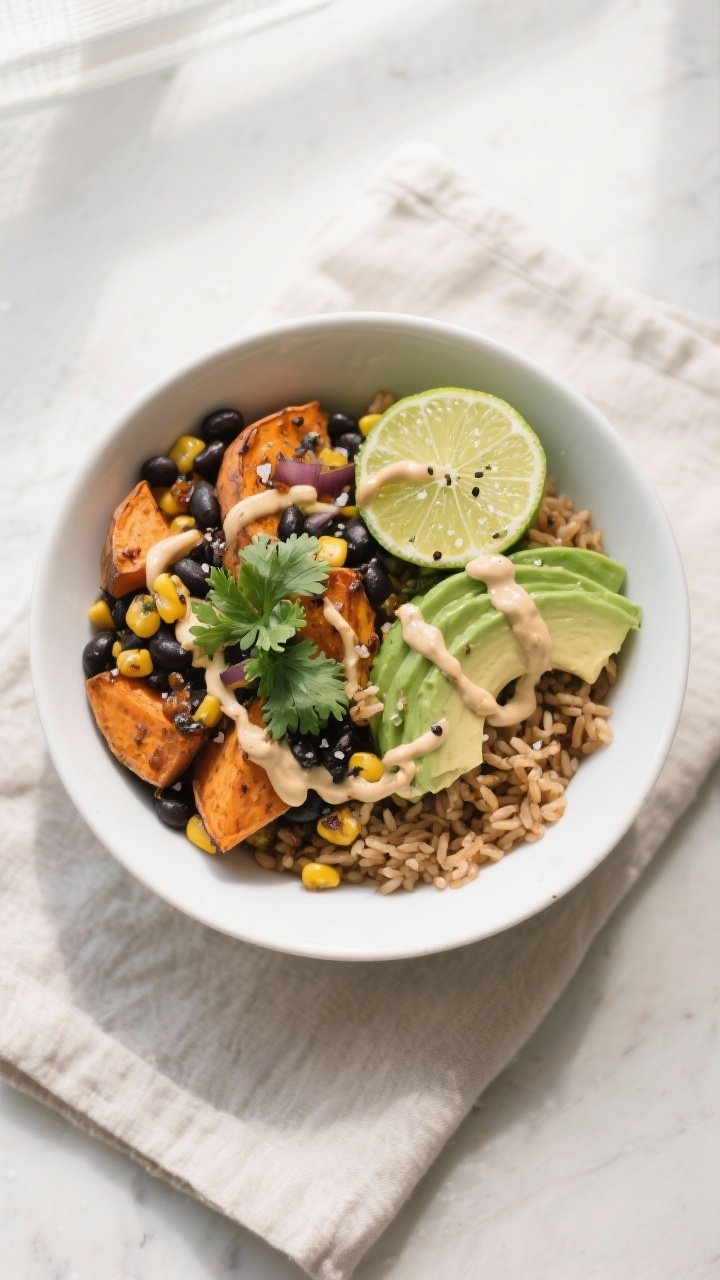Final dish, tasty top view: Overhead shot of a Daniel Fast Sweet Potato & Black Bean Bowl assembled 