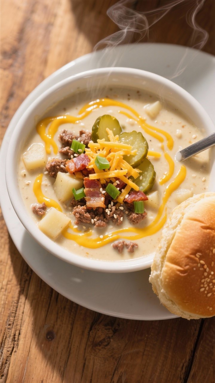 Final dish, tasty top view: Overhead shot of a ladled bowl of Classic Crockpot Cheeseburger Soup, ul