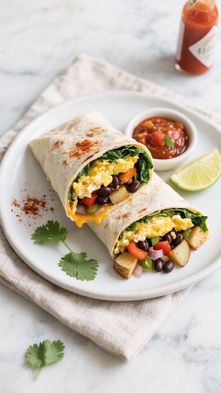 Final dish, tasty top view: Overhead shot of a sliced vegetarian freezer breakfast burrito on a matt