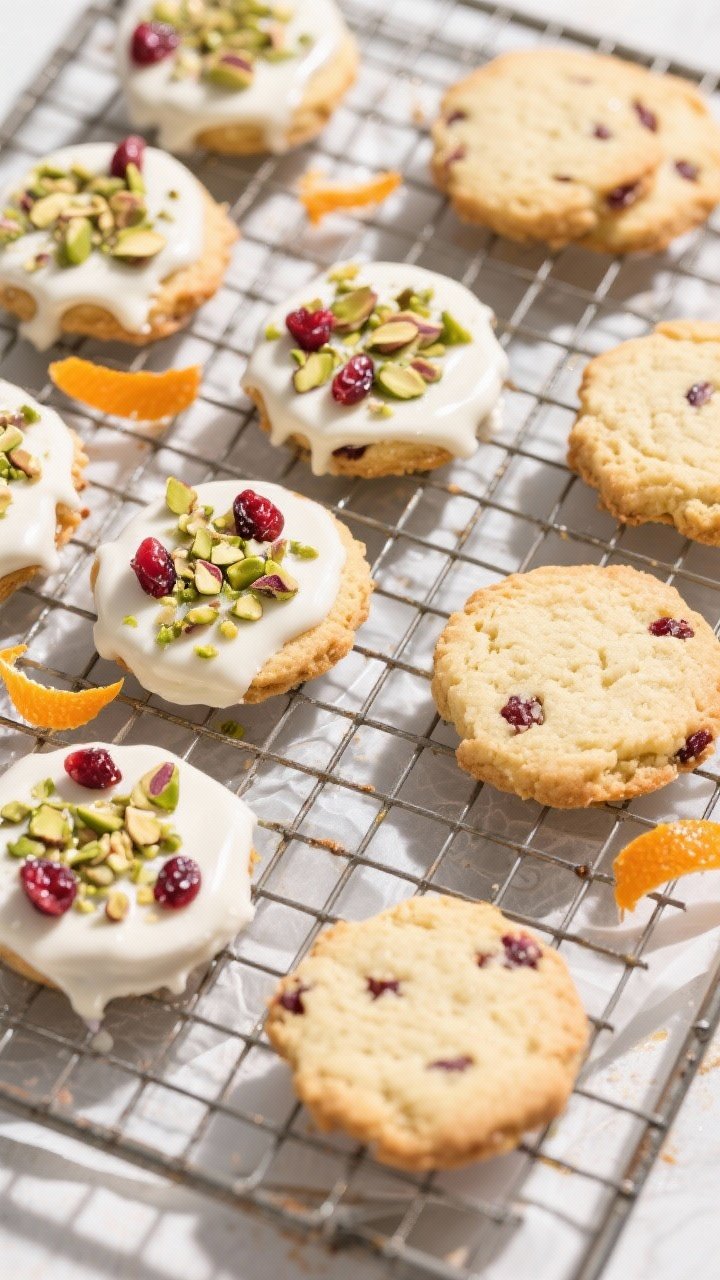 Final dish, tasty top view: Overhead shot of baked cranberry pistachio shortbread cookies cooled on 