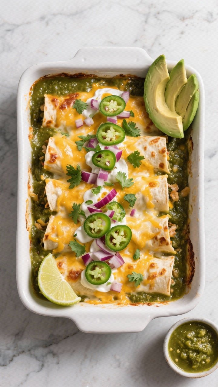 Final dish, tasty top view: Overhead shot of baked Creamy Cheesy Green Chicken Enchiladas in a 9x13 